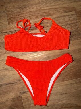 SHEIN Bright Orange Textured Two-Piece Bikini